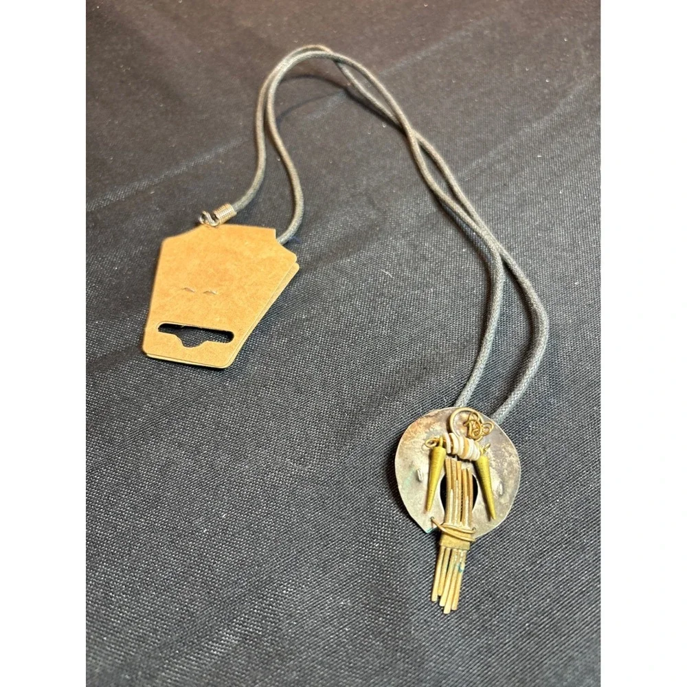 Unique Pendant Necklace Cord‎ Tie Boho Artisan Metal Brass Gold Tones
